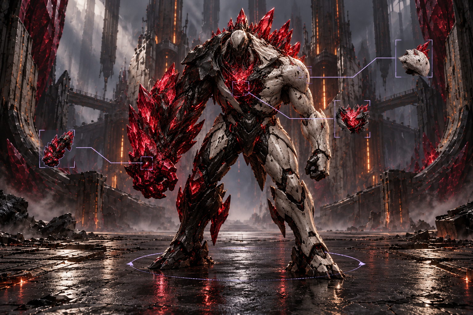 Cyber Titan in its foundry, with subtle rotation arrows and connections identifying its crystal arm, reactor and shoulder armor.